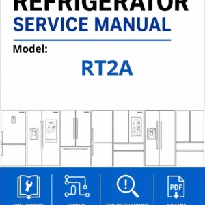 Samsung rt2a service manual cover with model code and showing a line drawing of the refrigerator