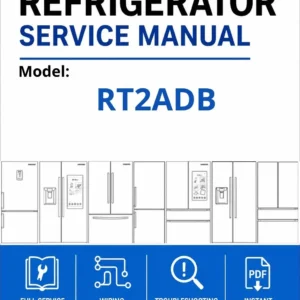 Samsung rt2adb service manual cover with model code and showing a line drawing of the refrigerator
