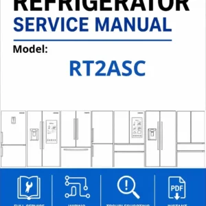 Samsung rt2asc service manual cover with model code and showing a line drawing of the refrigerator