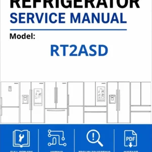 Samsung rt2asd service manual cover with model code and showing a line drawing of the refrigerator