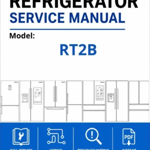 Samsung rt2b service manual cover with model code and showing a line drawing of the refrigerator