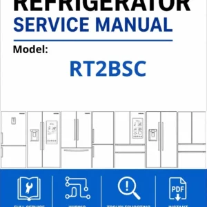 Samsung rt2bsc service manual cover with model code and showing a line drawing of the refrigerator