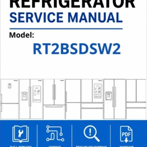 Samsung rt2bsdsw2 service manual cover with model code and showing a line drawing of the refrigerator