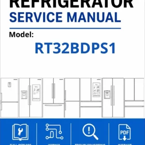 Samsung rt32bdps1 service manual cover with model code and showing a line drawing of the refrigerator
