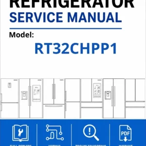 Samsung rt32chpp1 service manual cover with model code and showing a line drawing of the refrigerator