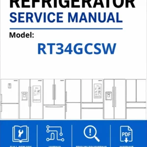 Samsung rt34gcsw service manual cover with model code and showing a line drawing of the refrigerator