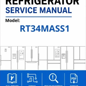 Samsung rt34mass1 service manual cover with model code and showing a line drawing of the refrigerator