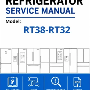 Samsung rt38 rt32 service manual cover with model code and showing a line drawing of the refrigerator