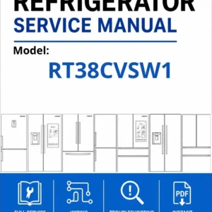 Samsung rt38cvsw1 service manual cover with model code and showing a line drawing of the refrigerator