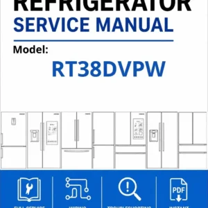 Samsung rt38dvpw service manual cover with model code and showing a line drawing of the refrigerator