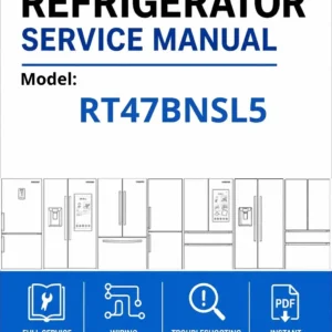 Samsung rt47bnsl5 service manual cover with model code and showing a line drawing of the refrigerator