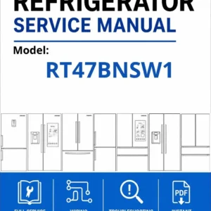 Samsung rt47bnsw1 service manual cover with model code and showing a line drawing of the refrigerator