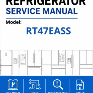 Samsung rt47eass service manual cover with model code and showing a line drawing of the refrigerator
