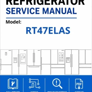 Samsung rt47elas service manual cover with model code and showing a line drawing of the refrigerator
