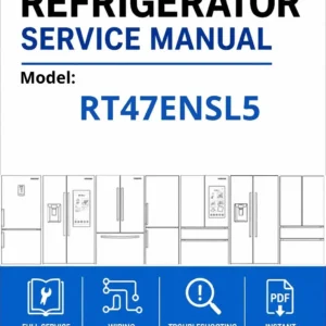 Samsung rt47ensl5 service manual cover with model code and showing a line drawing of the refrigerator