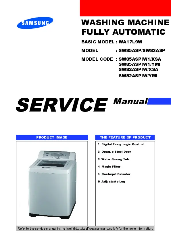 Samsung sw85asp sw82asp series service manual cover cover with photo of the washing machine, model code and type and manual contents