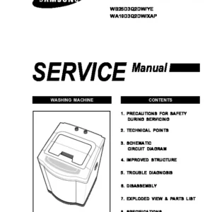 Samsung wa10d3q2dw wb25d3q2dw service manual cover cover with photo of the washing machine, model code and type and manual contents