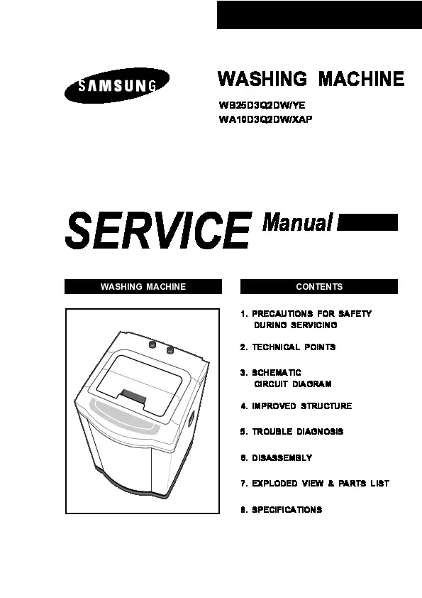 Samsung wa10d3q2dw wb25d3q2dw service manual cover cover with photo of the washing machine, model code and type and manual contents