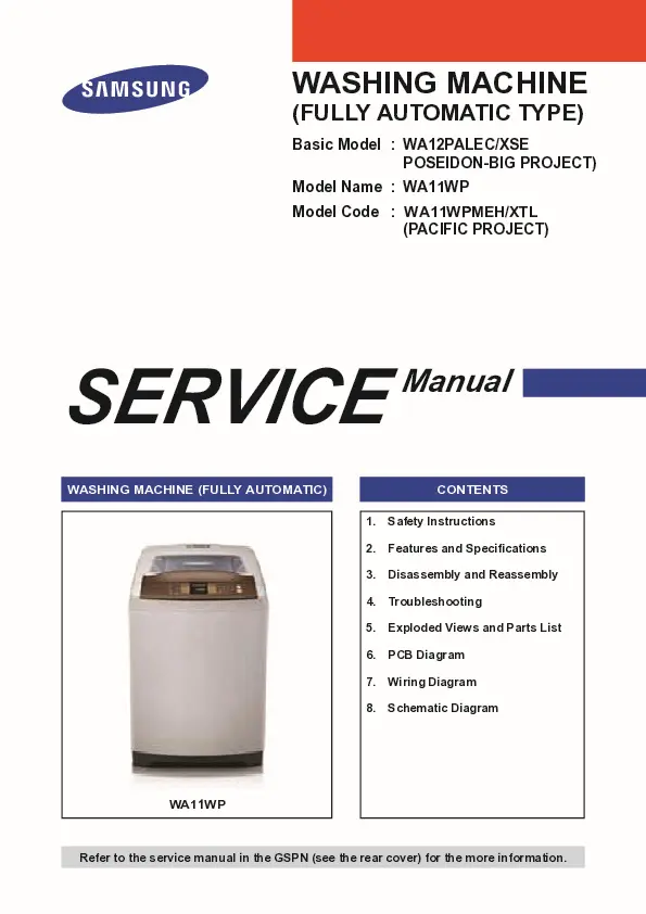 Samsung wa12palec service manual cover cover with photo of the washing machine, model code and type and manual contents