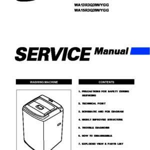 Samsung wa13r3 service manual cover cover with photo of the washing machine, model code and type and manual contents