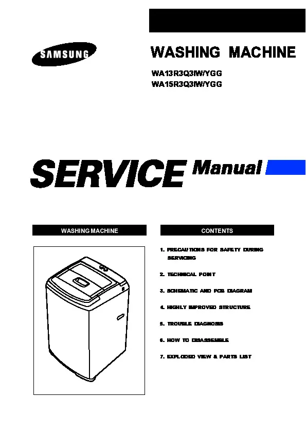 Samsung wa13r3 service manual cover cover with photo of the washing machine, model code and type and manual contents