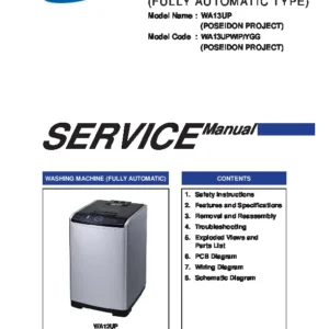 Samsung wa13up service manual cover cover with photo of the washing machine, model code and type and manual contents