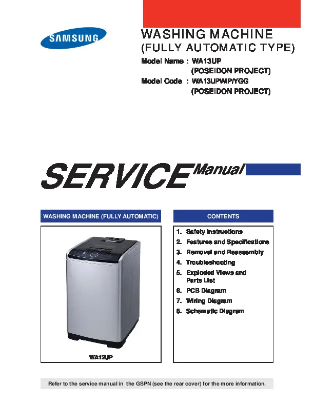 Samsung wa13up service manual cover cover with photo of the washing machine, model code and type and manual contents