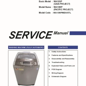 Samsung wa13wp wa13wpmeh service manual cover cover with photo of the washing machine, model code and type and manual contents