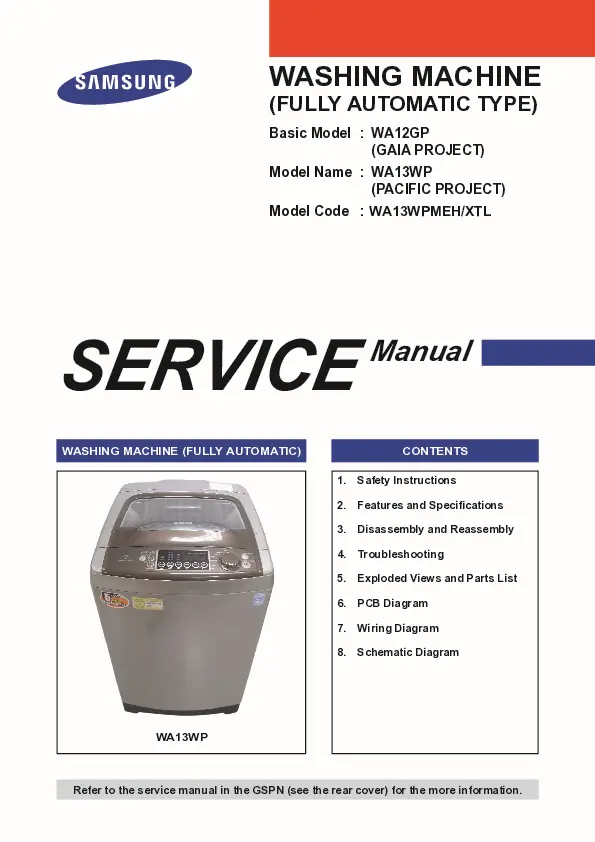 Samsung wa13wp wa13wpmeh service manual cover cover with photo of the washing machine, model code and type and manual contents