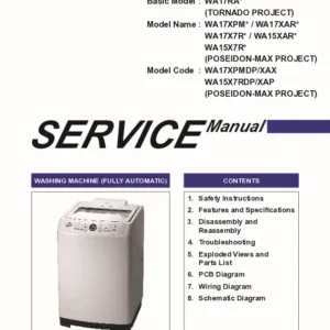 Samsung wa15x7rdp wa17x7rdp service manual cover cover with photo of the washing machine, model code and type and manual contents