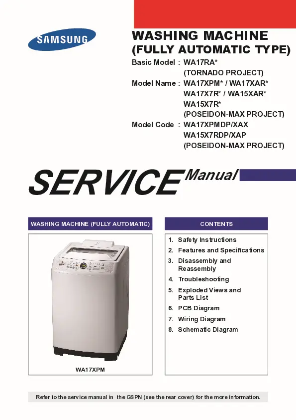 Samsung wa15x7rdp wa17x7rdp service manual cover cover with photo of the washing machine, model code and type and manual contents