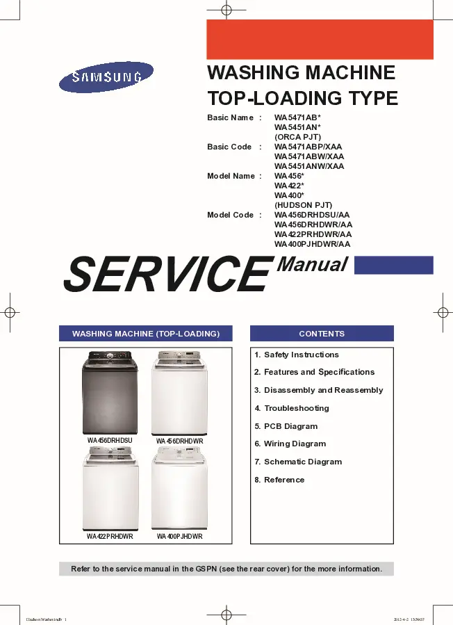 Samsung wa400pjhdwr service manual cover cover with photo of the washing machine, model code and type and manual contents