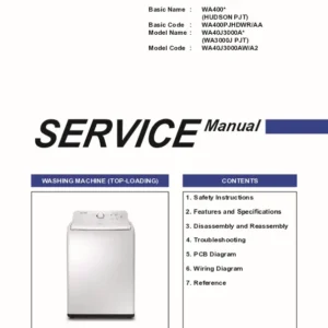 Samsung wa40j3000aw a2 service manual cover cover with photo of the washing machine, model code and type and manual contents