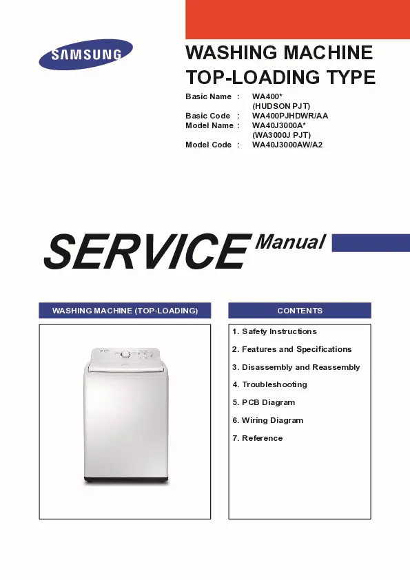 Samsung wa40j3000aw a2 service manual cover cover with photo of the washing machine, model code and type and manual contents