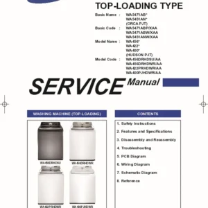 Samsung wa422 series service manual cover cover with photo of the washing machine, model code and type and manual contents