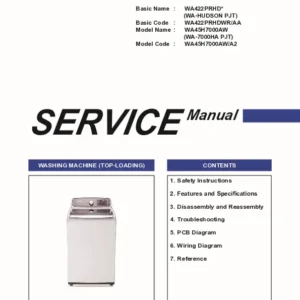 Samsung wa45h7000aw wa45h7200aw a2 service manual cover cover with photo of the washing machine, model code and type and manual contents