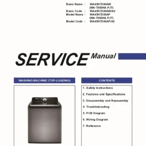 Samsung wa45h7200ap a2 service manual cover cover with photo of the washing machine, model code and type and manual contents