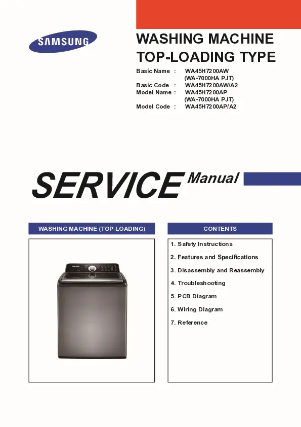 Samsung wa45h7200ap a2 service manual cover cover with photo of the washing machine, model code and type and manual contents