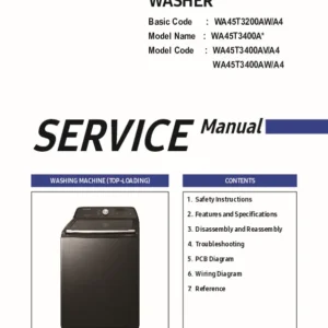 Samsung wa45t3200aw wa45t3400av wa45t3400aw service manual cover cover with photo of the washing machine, model code and type and manual contents