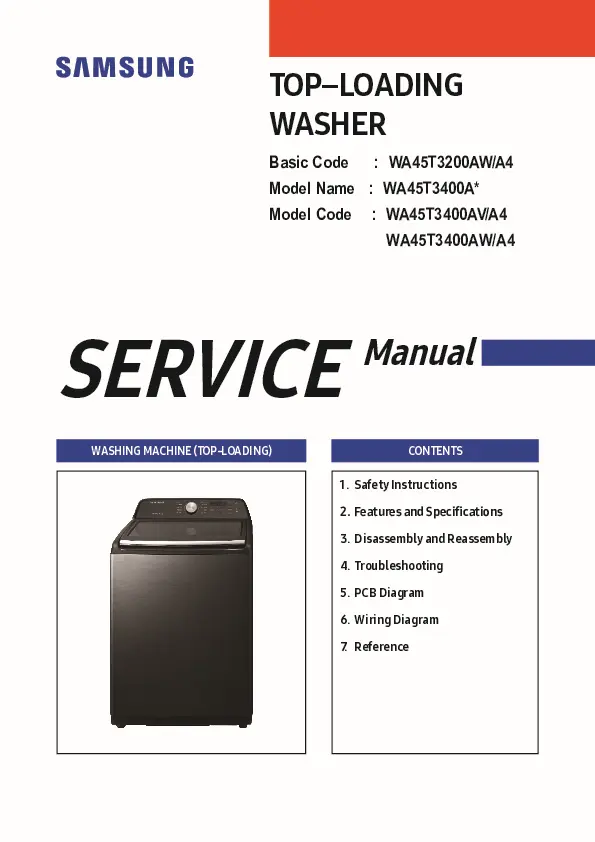 Samsung wa45t3200aw wa45t3400av wa45t3400aw service manual cover cover with photo of the washing machine, model code and type and manual contents
