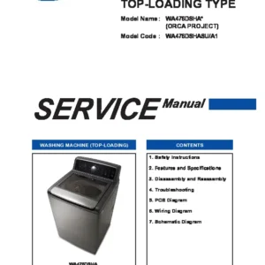 Samsung wa476dshasu service manual cover cover with photo of the washing machine, model code and type and manual contents