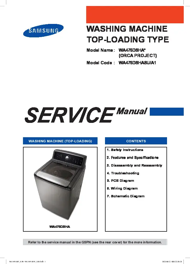 Samsung wa476dshasu service manual cover cover with photo of the washing machine, model code and type and manual contents