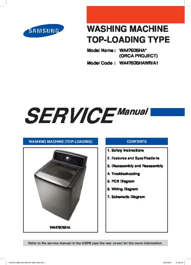 Samsung wa476dshawr service manual cover cover with photo of the washing machine, model code and type and manual contents