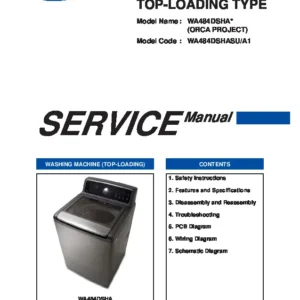 Samsung wa484dshasu a1 service manual cover cover with photo of the washing machine, model code and type and manual contents