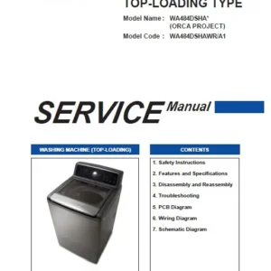 Samsung wa484dshawr a1 service manual cover cover with photo of the washing machine, model code and type and manual contents