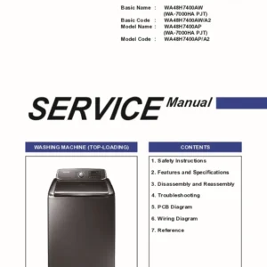 Samsung wa48h7400ap service manual cover cover with photo of the washing machine, model code and type and manual contents