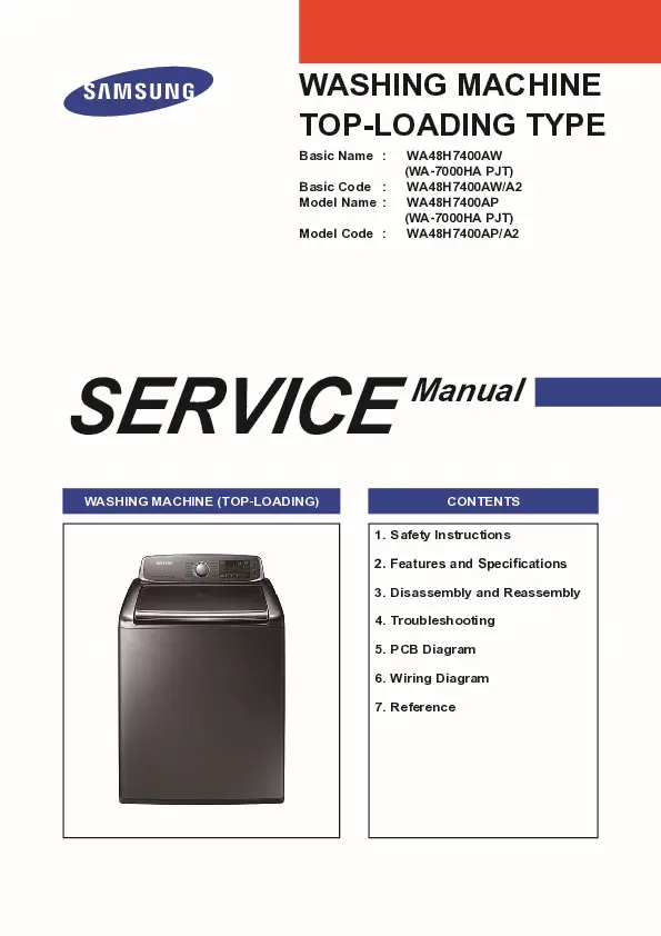 Samsung wa48h7400ap service manual cover cover with photo of the washing machine, model code and type and manual contents