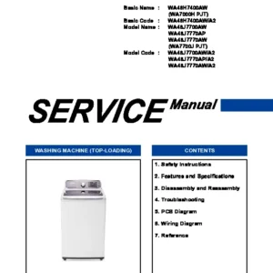 Samsung wa48h7400aw service manual cover cover with photo of the washing machine, model code and type and manual contents