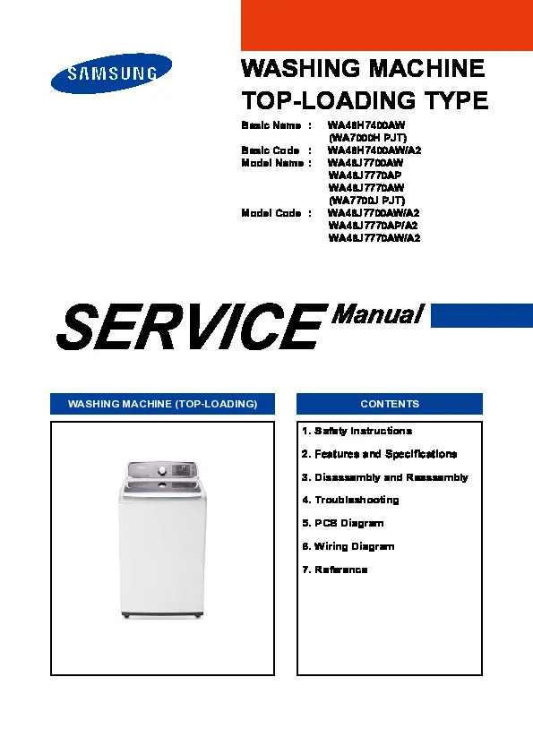 Samsung wa48h7400aw service manual cover cover with photo of the washing machine, model code and type and manual contents