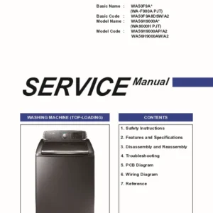 Samsung wa50f9a8dsp a2 service manual cover cover with photo of the washing machine, model code and type and manual contents